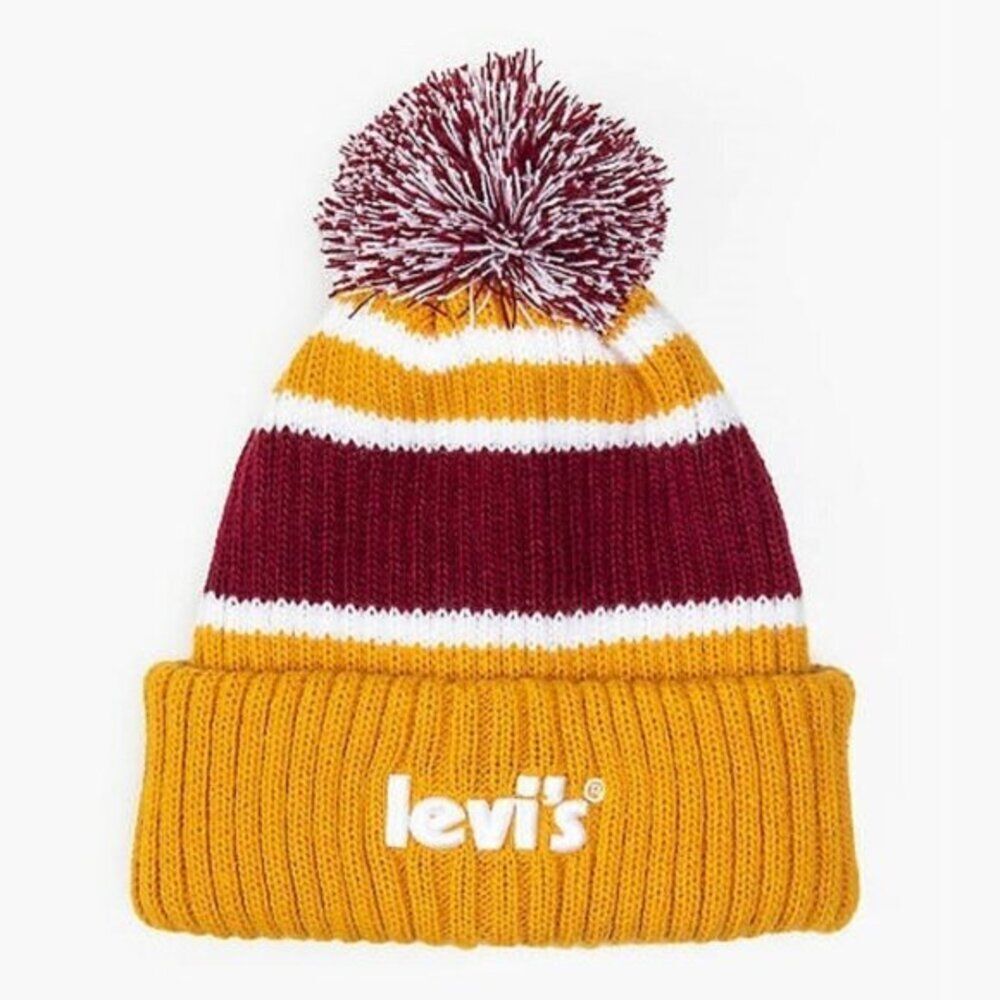 Levi's Embroidered Logo Beanie Comfy Knits Winter Striped Yellow Gold